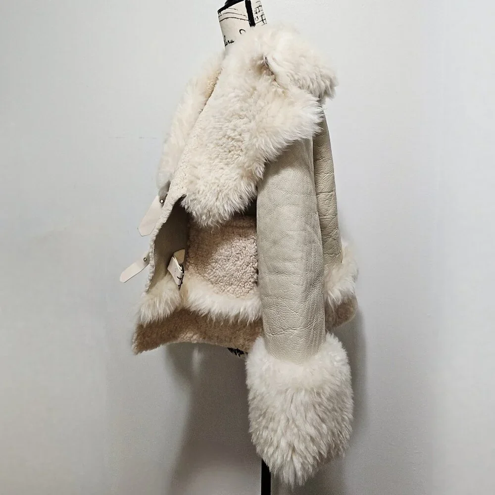 New Merino Toscana Sheepskin Shearling Lamb Fur Coat Jacket Cream White Leather - Picture 3 of 6